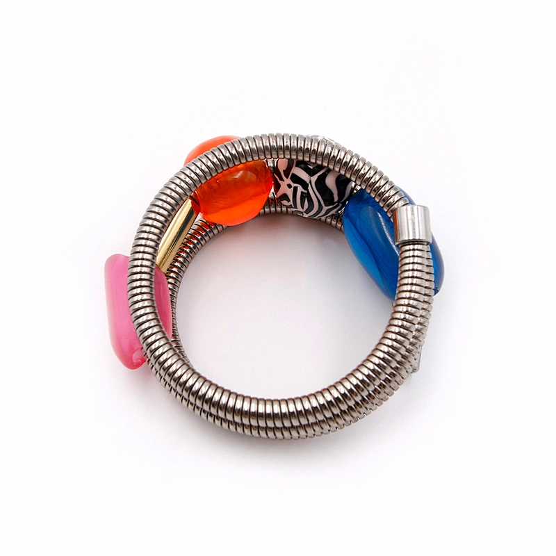 Trendy multi layer colorful resin stones silver snake spring chain bracelet