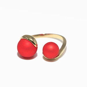 Luxury style Double red pearl gold plated brass women open ring jewelry adjustable size