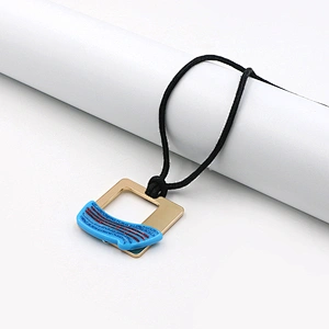 Hollow-Out Recangle Blue Ripple Black Cord Necklace