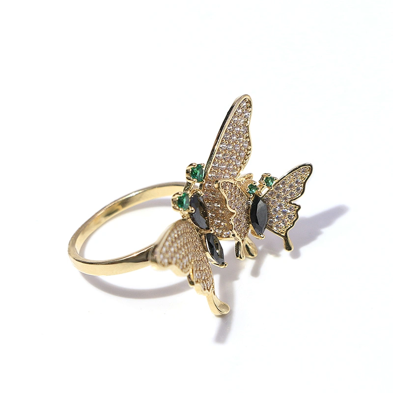 Adjustable brass gold plating white zircon green black drop crystal butterfly ring