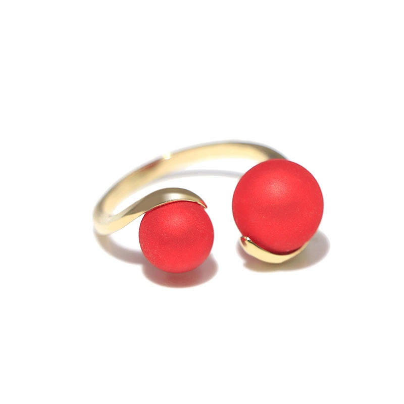 Luxury style Double red pearl gold plated brass women open ring jewelry adjustable size