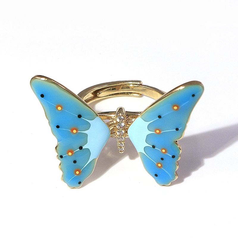 Enamel jewelry jumping butterfly white zircon adjustable gold plated ring