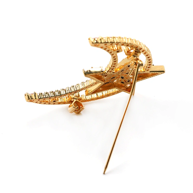 Custom Moon Star Gold Plated Brooch With CZ stones in Brass