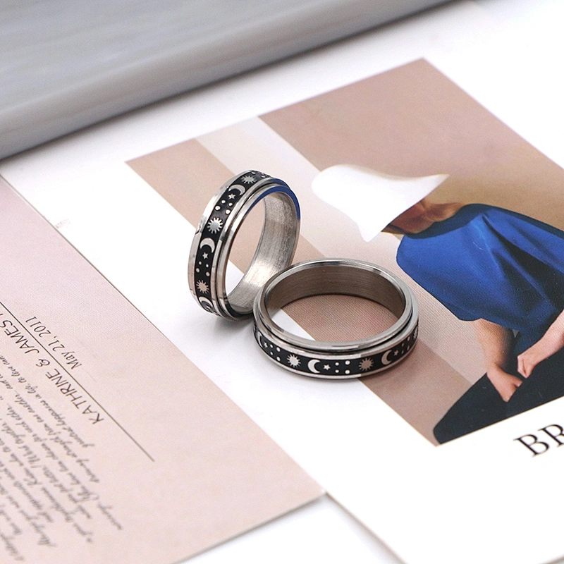 Fashion jewelry sun moon star silver plated black enamel stainless steel men anxiety ring