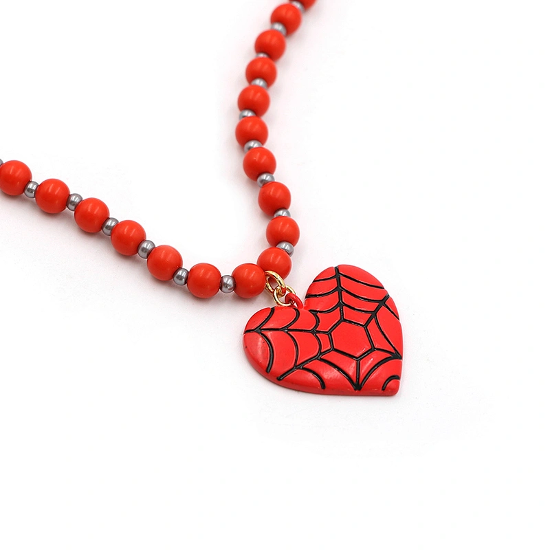 Fashion Spider Web Red Heart Pendant Bead Chain Necklace