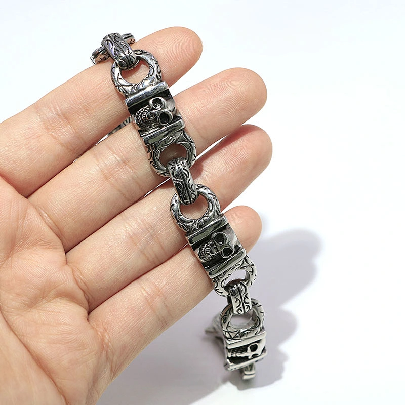 Black enamel stainless steel silver plated skull jewellery bracelet for men