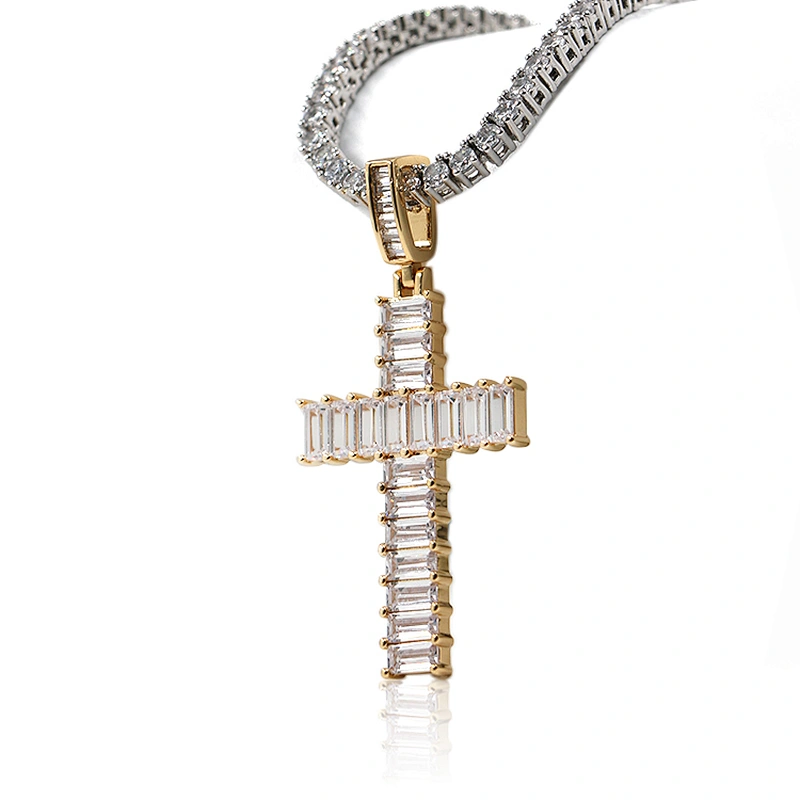 Hip hop rectangle pave cubic zirconia cross shape pendant