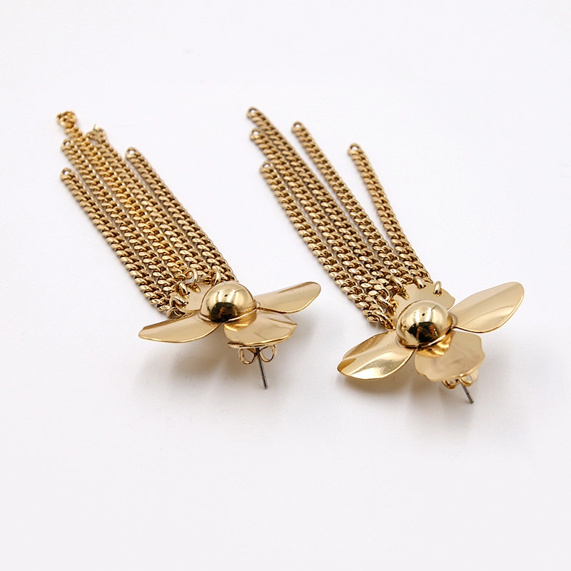 Brass Dangle Earrings 18K Gold Plated Enamel Flower Stud Stainless Steel Tassel Earring