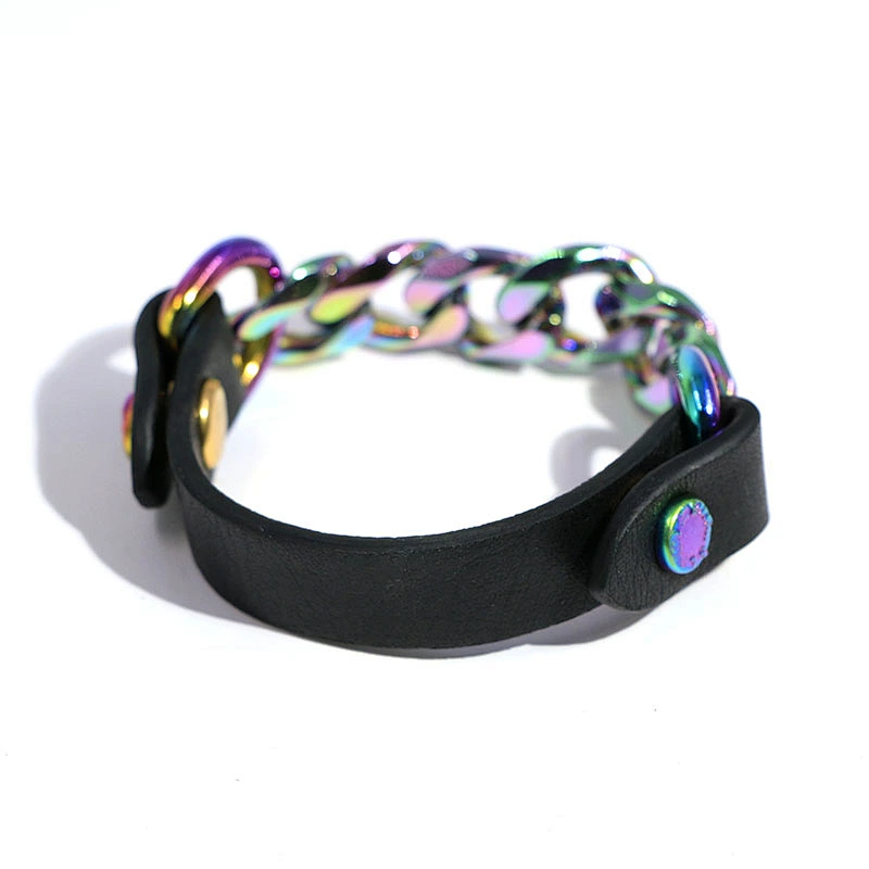 Hip hop jewelry multi color platinig stainless steel cuban link leather bracelet