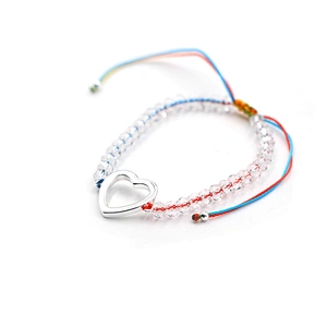 Adjustable size silver plated heart brass pendant clear beaded two-tone rope bracelet