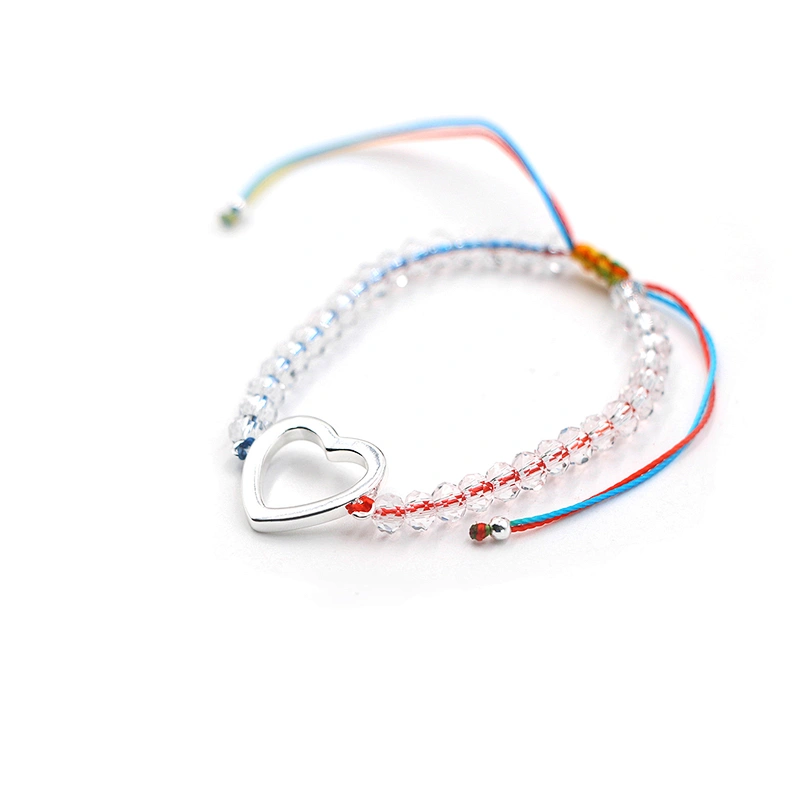 Adjustable size silver plated heart brass pendant clear beaded two-tone rope bracelet