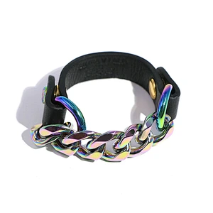 Hip hop jewelry multi color platinig stainless steel cuban link leather bracelet