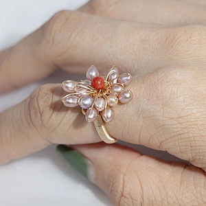 Handmade statement luxury jewelry adjustable gold plated pink beaded flower ring