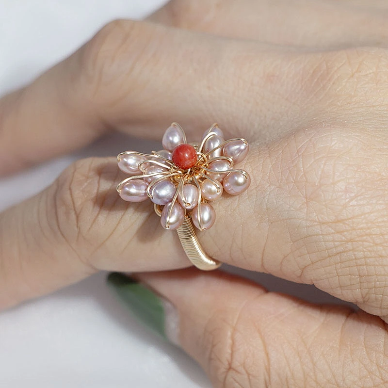 Handmade statement luxury jewelry adjustable gold plated pink beaded flower ring