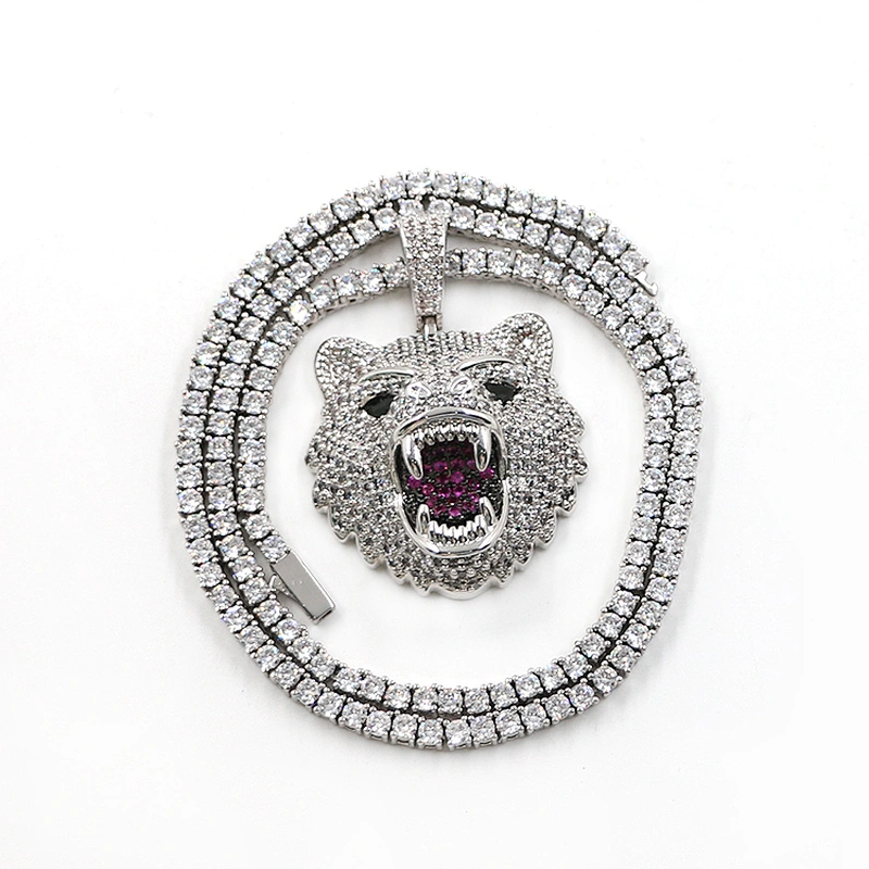 Hip hop ice out cz stone animal bear silver plated pendant for man