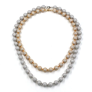 Hip-Hop Style High-Quality CZ Brass 10mm Real Gold Plated Bead Necklace