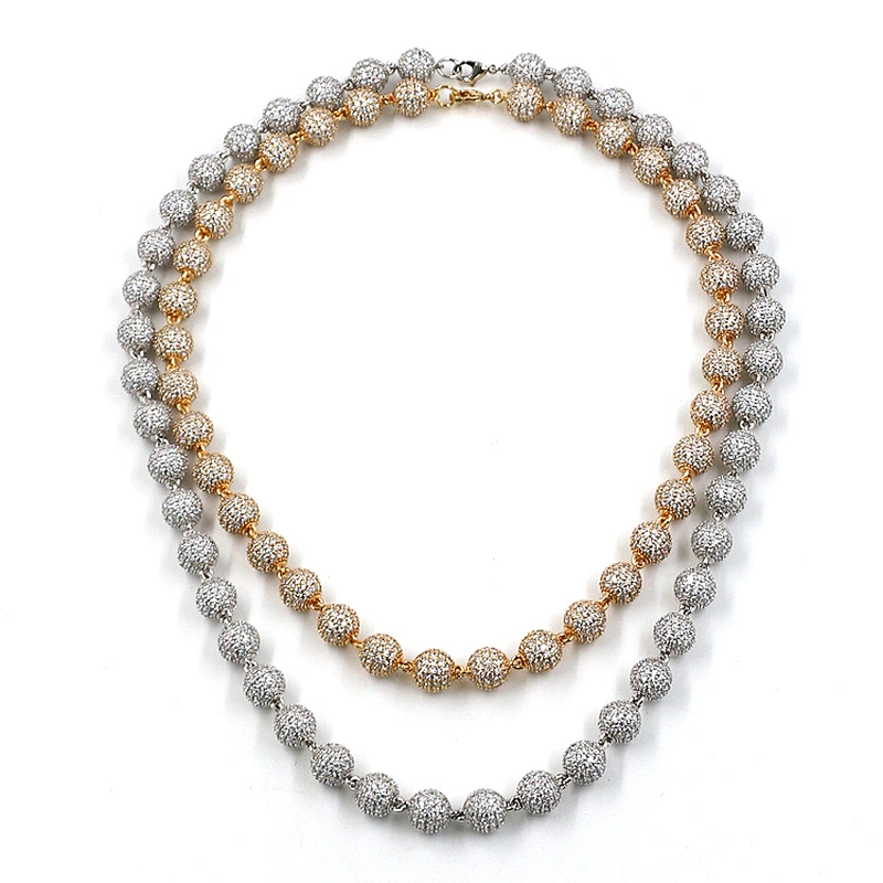 Hip-Hop Style High-Quality CZ Brass 10mm Real Gold Plated Bead Necklace