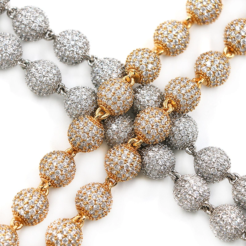 Hip-Hop Style High-Quality CZ Brass 10mm Real Gold Plated Bead Necklace