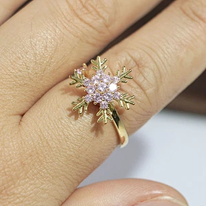 Gold Plated Pink Rhinestone Statement Snowflake Women Adjustable Anxiety Ring