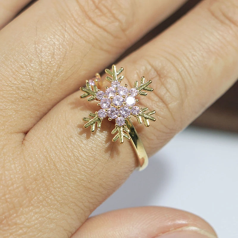 Gold Plated Pink Rhinestone Statement Snowflake Women Adjustable Anxiety Ring