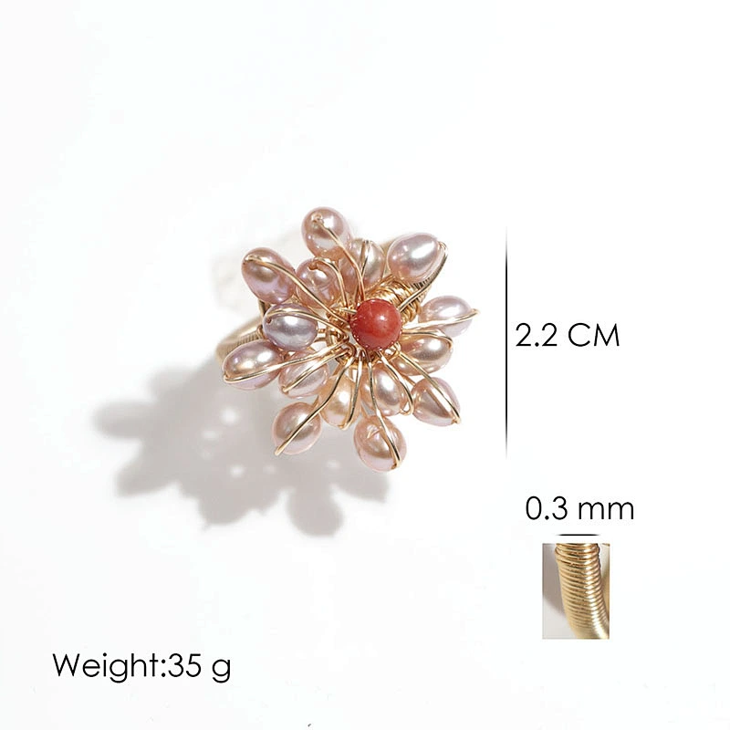 Handmade statement luxury jewelry adjustable gold plated pink beaded flower ring