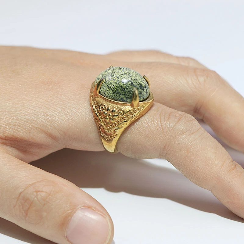 Vintage Style Natural Semi stone Chunky Statement Stainless Steel 18k Gold Plating Ring