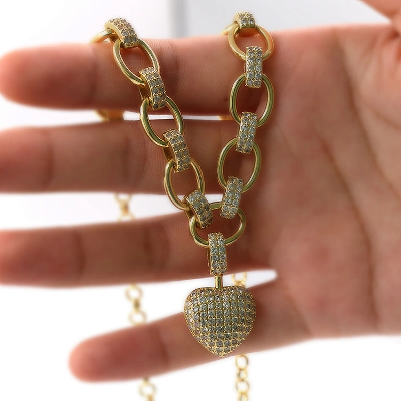 HipHop Style Gold Plated CZ Heart Brass Cuban Necklace