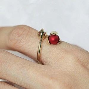 Fashion style brass gold plated flower red bud open ring women jewelry