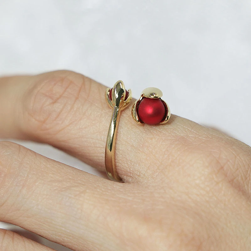 Fashion style brass gold plated flower red bud open ring women jewelry