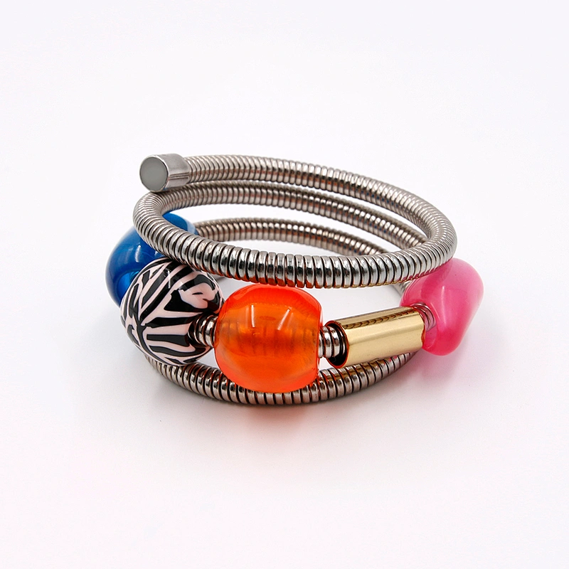Trendy multi layer colorful resin stones silver snake spring chain bracelet