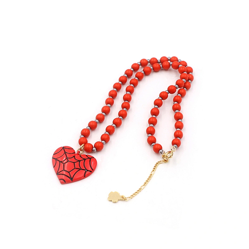 Fashion Spider Web Red Heart Pendant Bead Chain Necklace