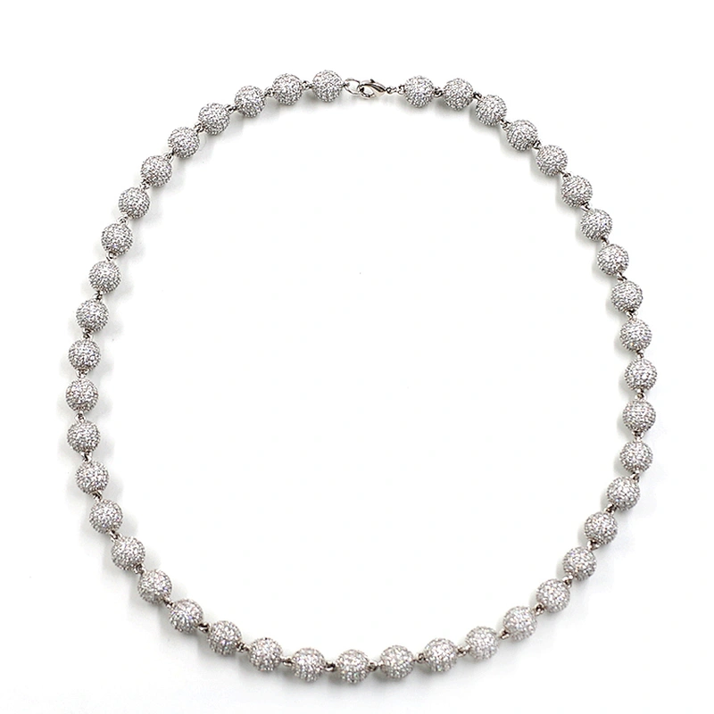 Hip-Hop Style High-Quality CZ Brass 10mm Real Gold Plated Bead Necklace