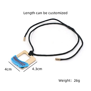 Hollow-Out Recangle Blue Ripple Black Cord Necklace