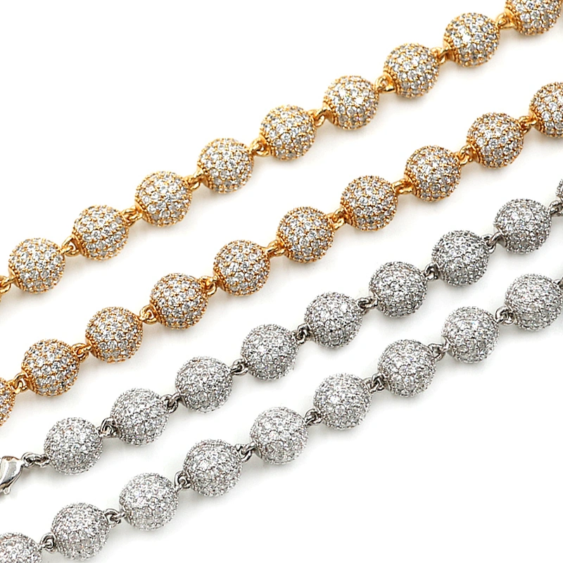 Hip-Hop Style High-Quality CZ Brass 10mm Real Gold Plated Bead Necklace