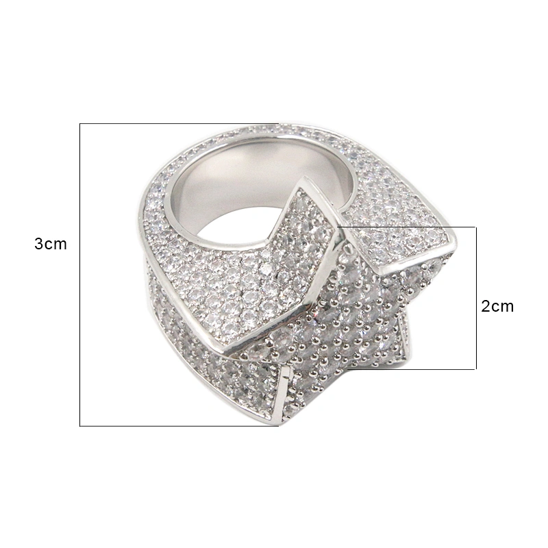 Hip hop silver plated chunky star shape iced out clear rhinestone ring