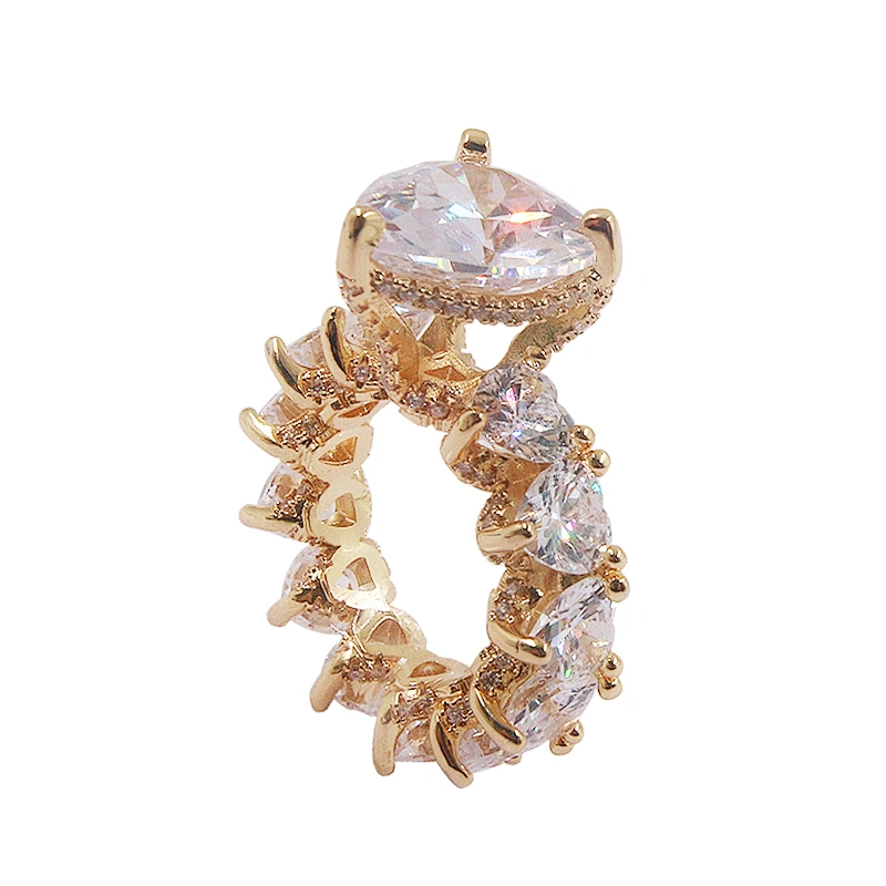 Luxury jewelry heart shape zircon iced out 18K gold plated brass engagement ring