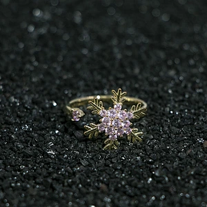 Gold Plated Pink Rhinestone Statement Snowflake Women Adjustable Anxiety Ring