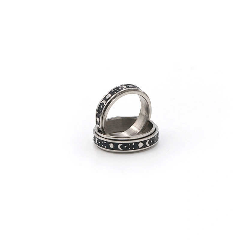 Fashion jewelry sun moon star silver plated black enamel stainless steel men anxiety ring