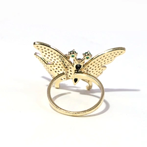 Adjustable brass gold plating white zircon green black drop crystal butterfly ring
