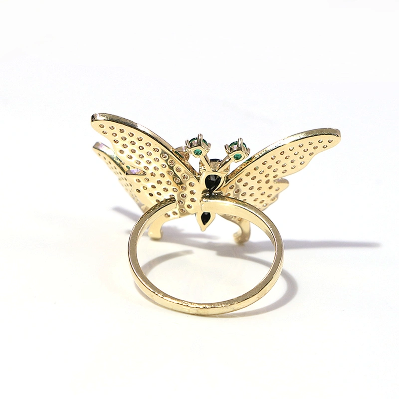 Adjustable brass gold plating white zircon green black drop crystal butterfly ring