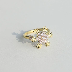Gold Plated Pink Rhinestone Statement Snowflake Women Adjustable Anxiety Ring