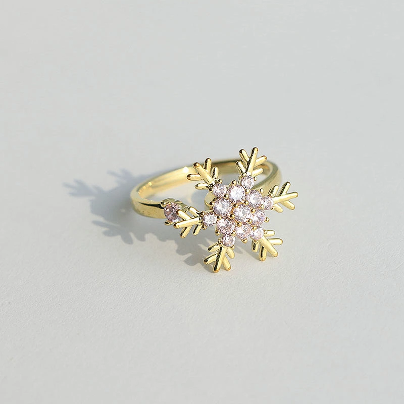 Gold Plated Pink Rhinestone Statement Snowflake Women Adjustable Anxiety Ring