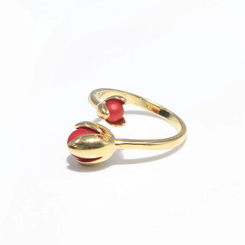 Fashion style brass gold plated flower red bud open ring women jewelry