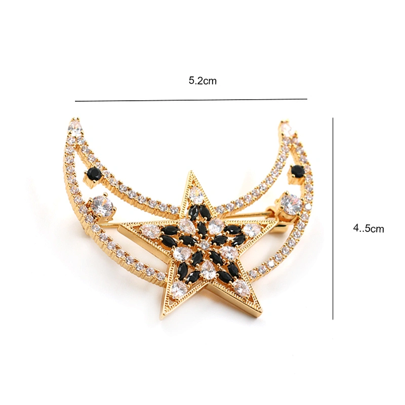 Custom Moon Star Gold Plated Brooch With CZ stones in Brass