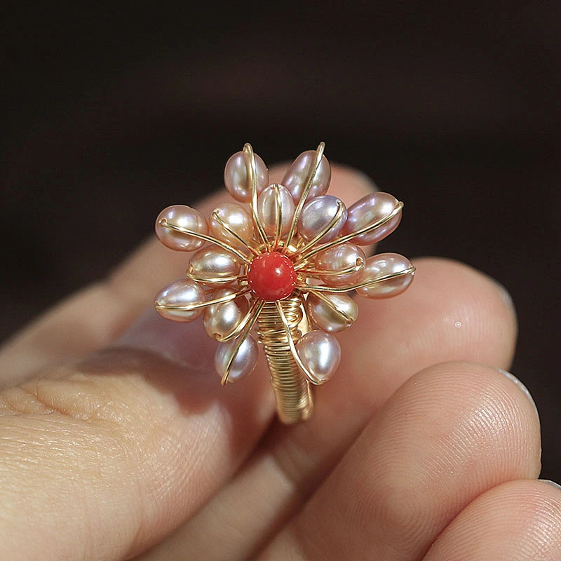 Handmade statement luxury jewelry adjustable gold plated pink beaded flower ring