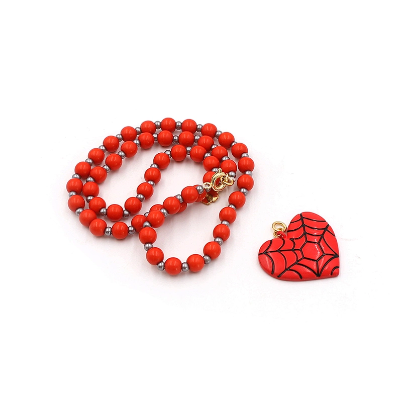 Fashion Spider Web Red Heart Pendant Bead Chain Necklace