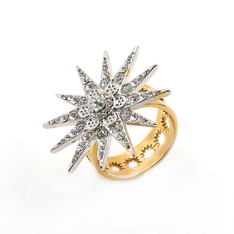 custom brass sun flower with crystals in multi plating ring