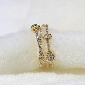 Hip hop luxury style iced out zircon diamond multi layer gold plated open ring