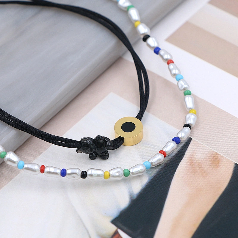 Multilayer Pearl Bead Black Cord Chain