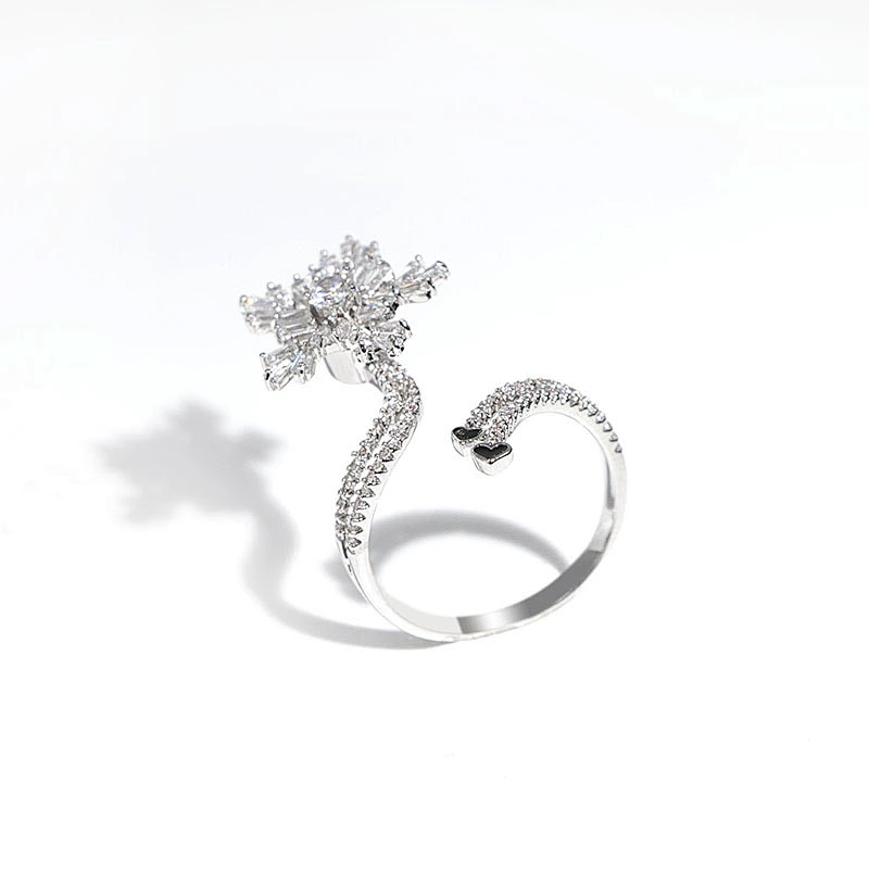 Fashion rotatable anxiety clear zircon snowflake silver plated open ring women jewelry